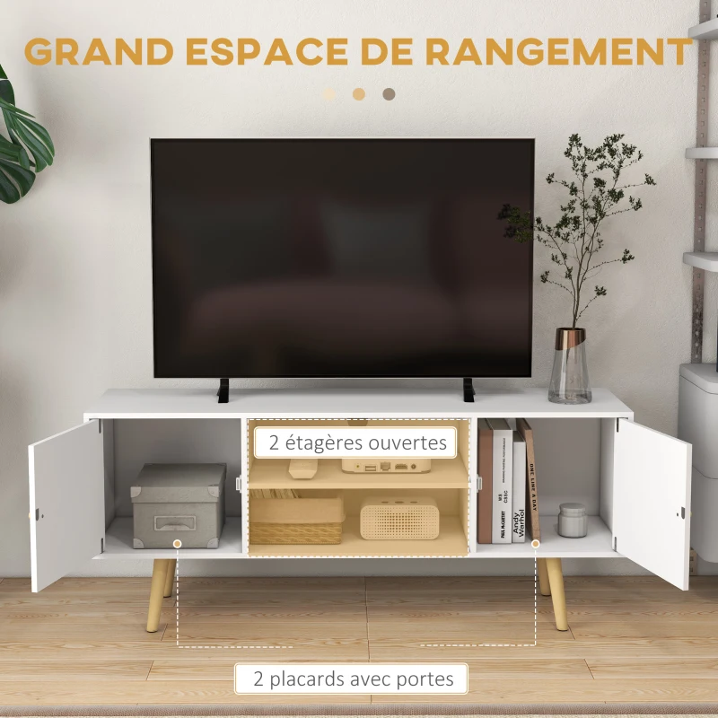 HOMCOM Meuble TV style scandinave 2 portes 2 niches passe-fils piètement bois pin panneaux blanc - 120 x 34 x 50 cm blanc
