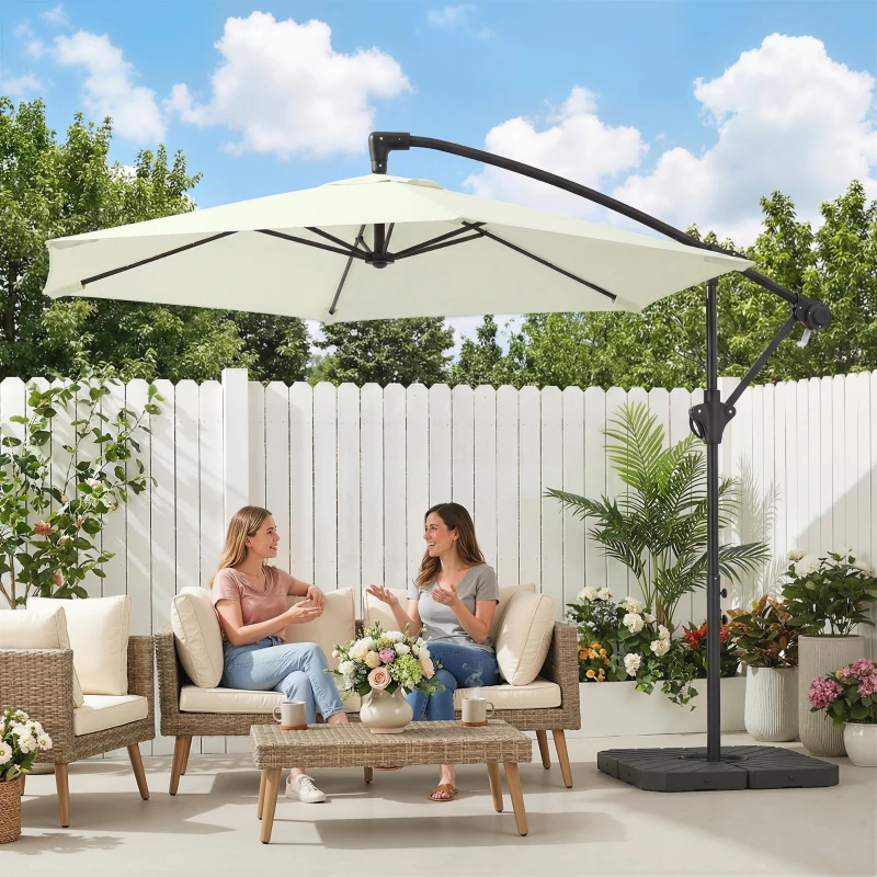 Outsunny Umbrelă cantilever 3 m cu bază încrucișată și plăci de greutate, umbrelă de grădină exterioară cu manivelă, crem