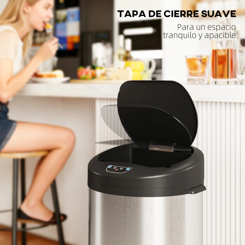 HOMCOM Cubo de Basura Cocina Automático 55 L de Acero Inoxidable con Sensor Infrarrojo Cierre Suave Antihuellas Plateado