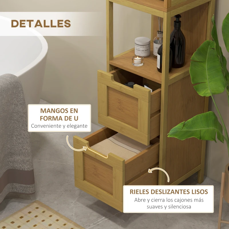 kleankin Armario Alto para Baño con 3 Estantes y 2 Cajones de Bambú Estilo Moderno 30x30x144,3 cm Natural