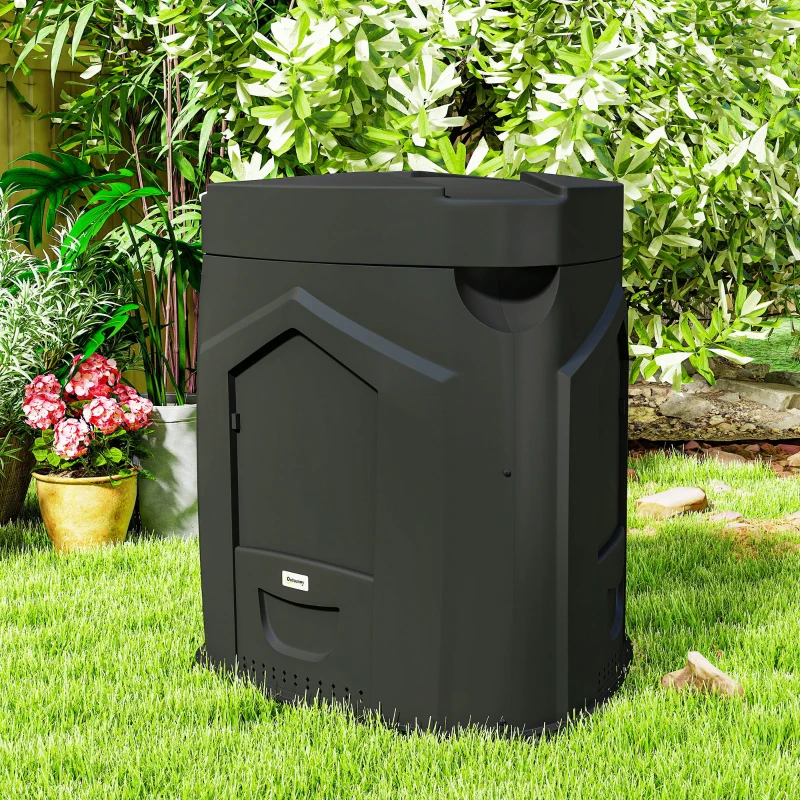Outsunny Compostador de jardín, 240L, contenedor de compost exterior, en polipropileno, 3 Puertas, 66 Ventilaciones, 78 x 75 x 78 cm, Negro