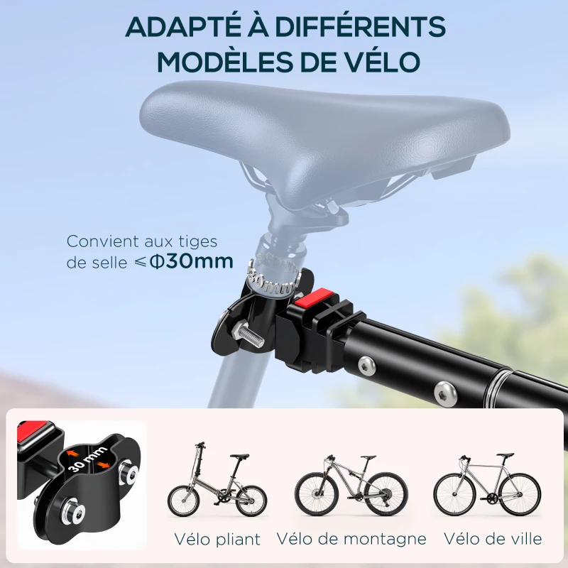 HOMCOM Remorque vélo remorque de transport pour vélo 144L x 59l x 80H cm barre d'attelage universelle acier noir