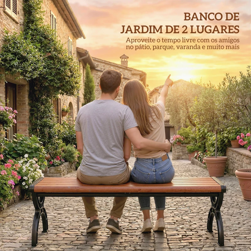 Outsunny Banco de Jardim Exterior de 2 Lugares com Estrutura Metálica e Assento com Ripas 124x39x39 cm Castanho