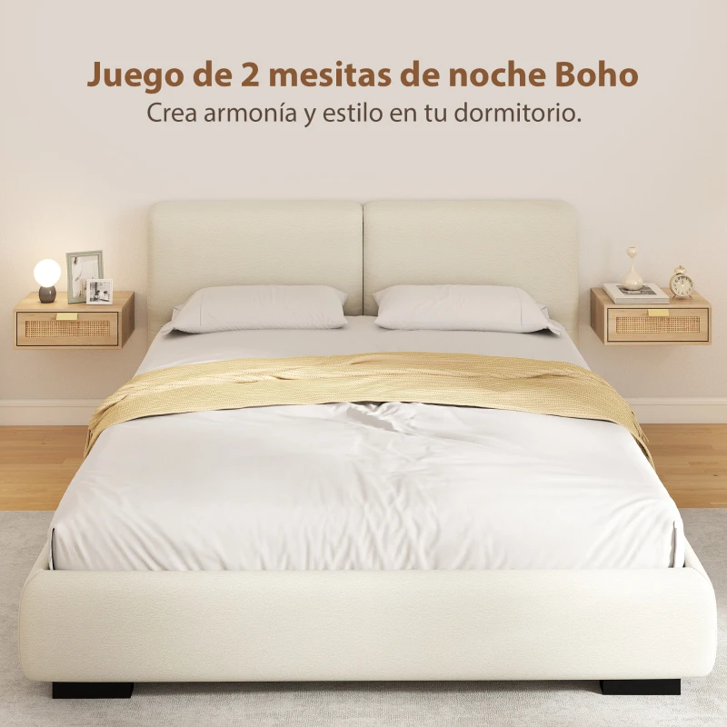 HOMCOM Juego de 2 Mesitas de Noche Flotantes con Cajón de Ratán Ahorra Espacio Diseño Moderno 40x30x15 cm Natural