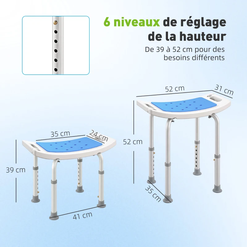 HOMCOM Siège de Douche réglable en Hauteur Tabouret de Douche Ergonomique Pieds antidérapants Charge Max. 135 Kg alu HDPE Blanc Bleu