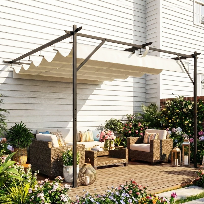Outsunny Pérgola de Jardim Adossada 3x3 m com Telhado Retrátil Proteção UPF30+ e Drenagem Pérgola de Exterior em Creme