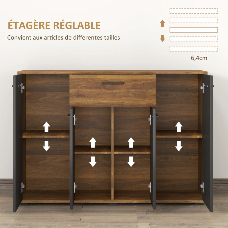 HOMCOM Buffet salon meuble de rangement avec 4 placards, tiroirs et étagères réglables, dim. 120 x 35 x 85 cm, marron et noir