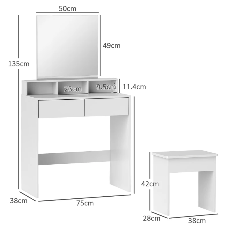 HOMCOM Mesa de maquillaje con espejo, 3 estantes, 2 cajones y taburete, de madera, 75x38x135 cm, Blanco