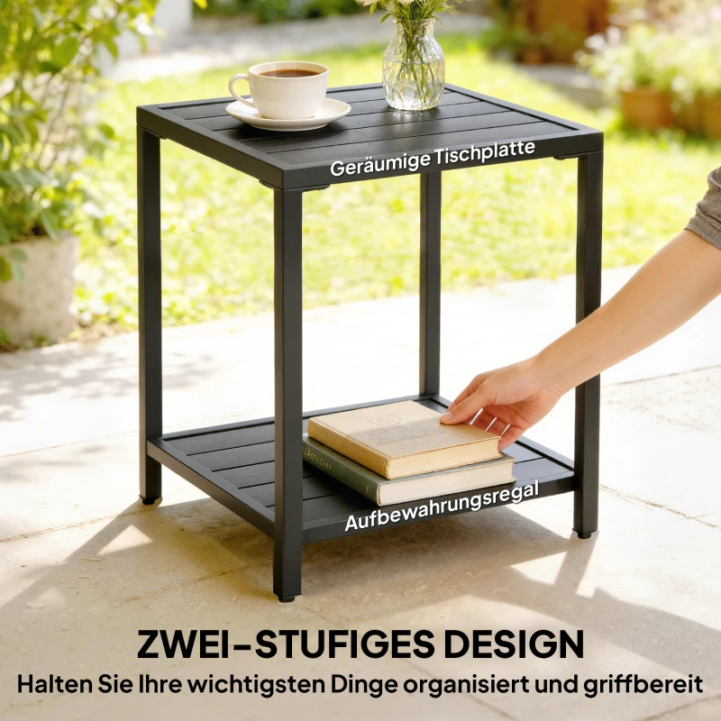 Outsunny Beistelltisch 45 x 45 cm wetterfest Gartentisch mit Lamellendesign Ablage verstellbaren Füßen 30kg Belastbar
