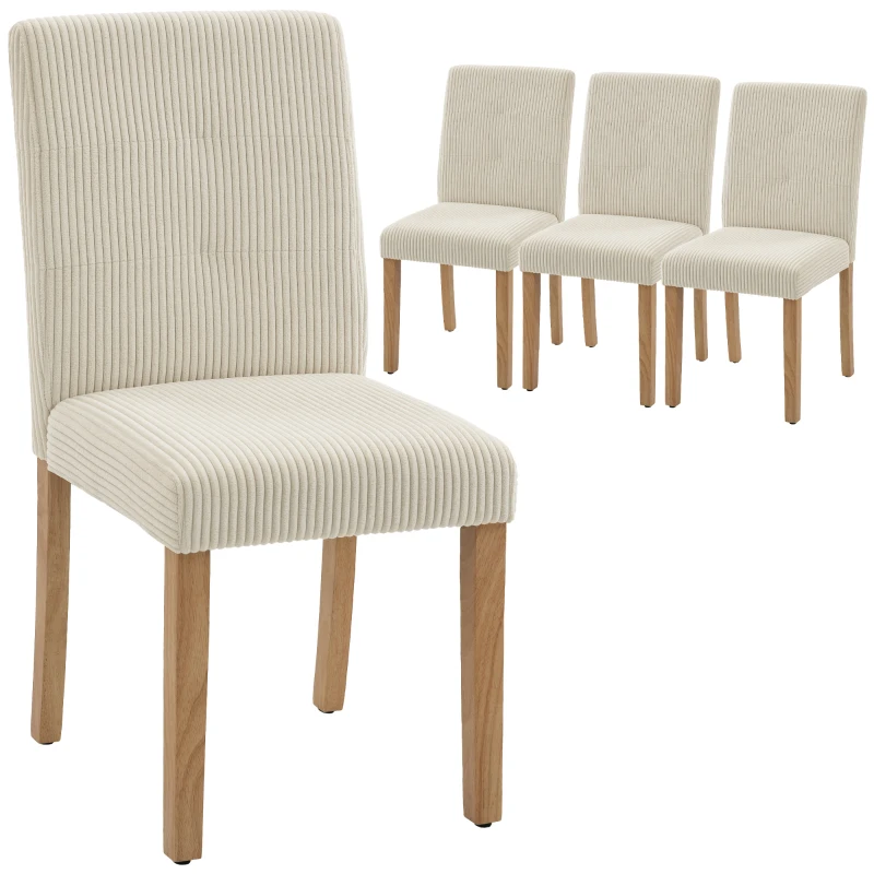 HOMCOM Pack de 4 Sillas de Comedor Respaldo Alto Tapizadas en Pana Asiento Acolchado Patas de Madera para Salón Beige