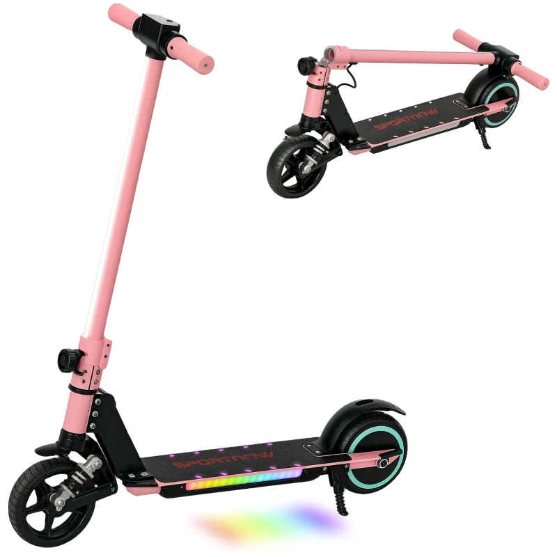 SPORTNOW Folding Electric Scooter for Kids, with Dual Brakes, Front Suspension, LED Colourful Lights, Pink