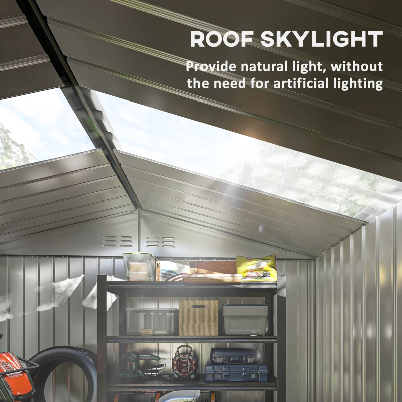 Outsunny Garden Storage Shed, Metal Outdoor Storage Shed House with Foundation Kit, Ventilation, Doors, 9 x 6FT, Grey