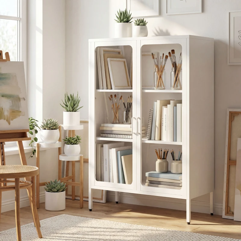 HOMCOM Mobile Portadocumenti in Acciaio con 2 Ante in Vetro e Ripiani Regolabili, 80x40x110 cm, Bianco