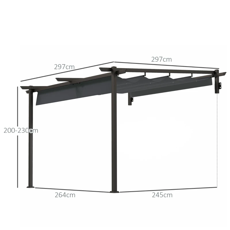 Outsunny Pabellón, 3 x 3 m Pérgola, Techo para terraza resistente al viento, montaje en pared, techo ajustable, para jardín, terraza, Gris oscuro
