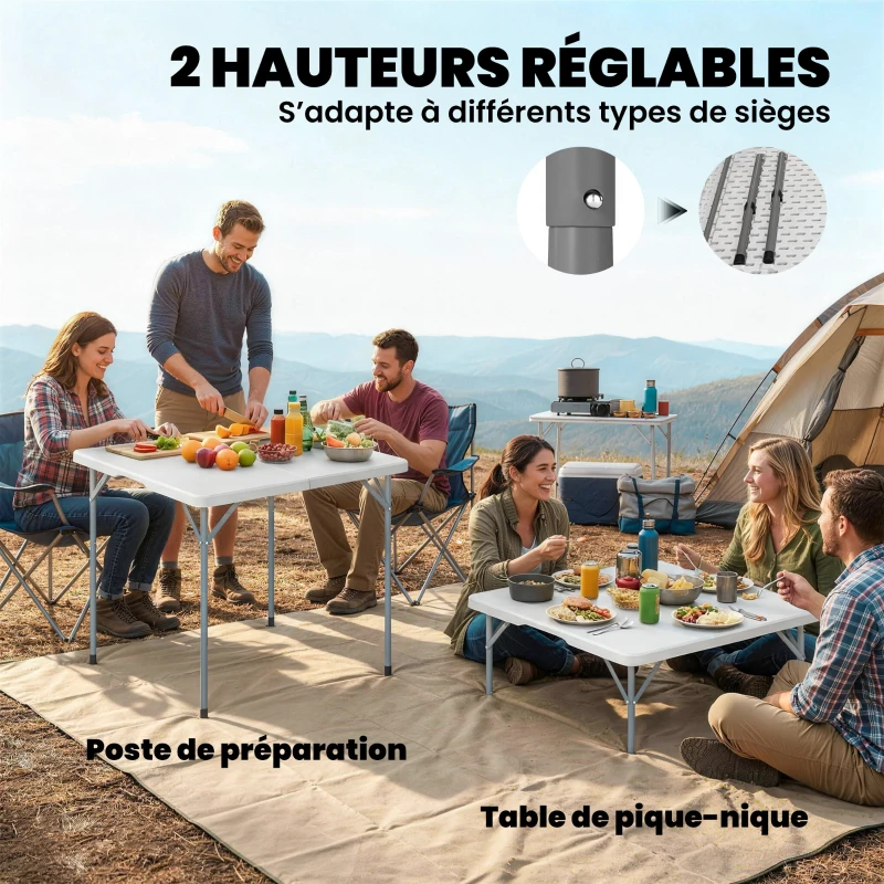 Outsunny Table pliante en HDPE, table de camping pliante carrée 86 x 86 x 74 cm, avec une poignée, hauteur réglable, blanc