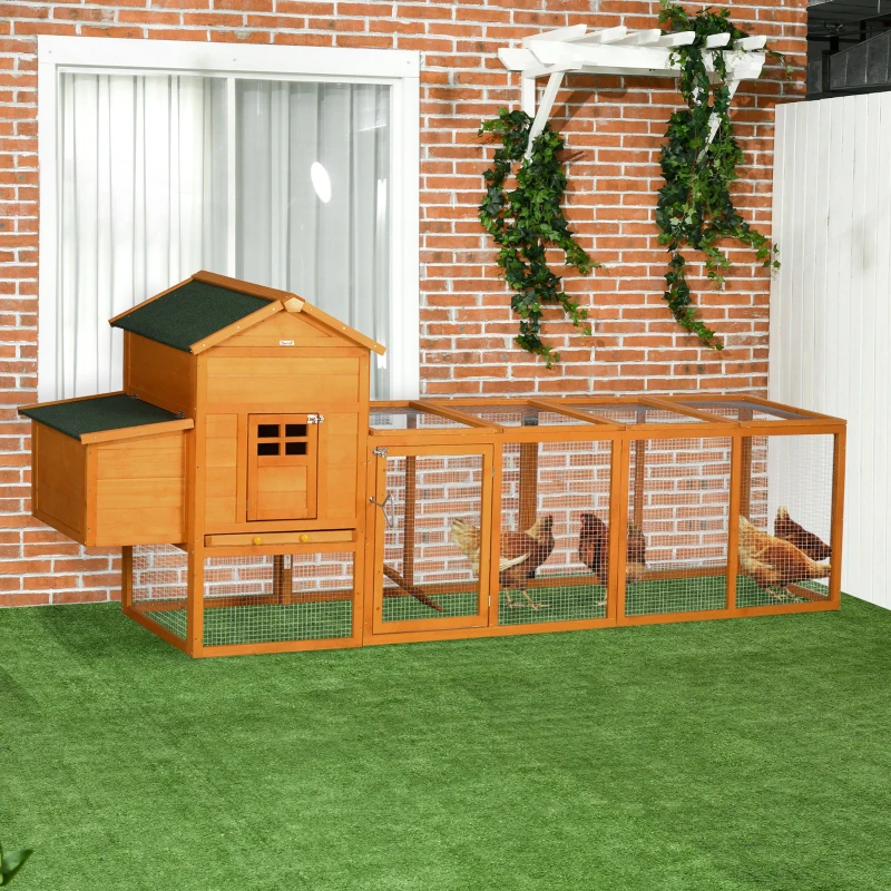 PawHut Poulailler en bois poulailler pour poules extérieur avec pondoir bac amovible en bois massif 297,5 x 68 x 118 cm orange