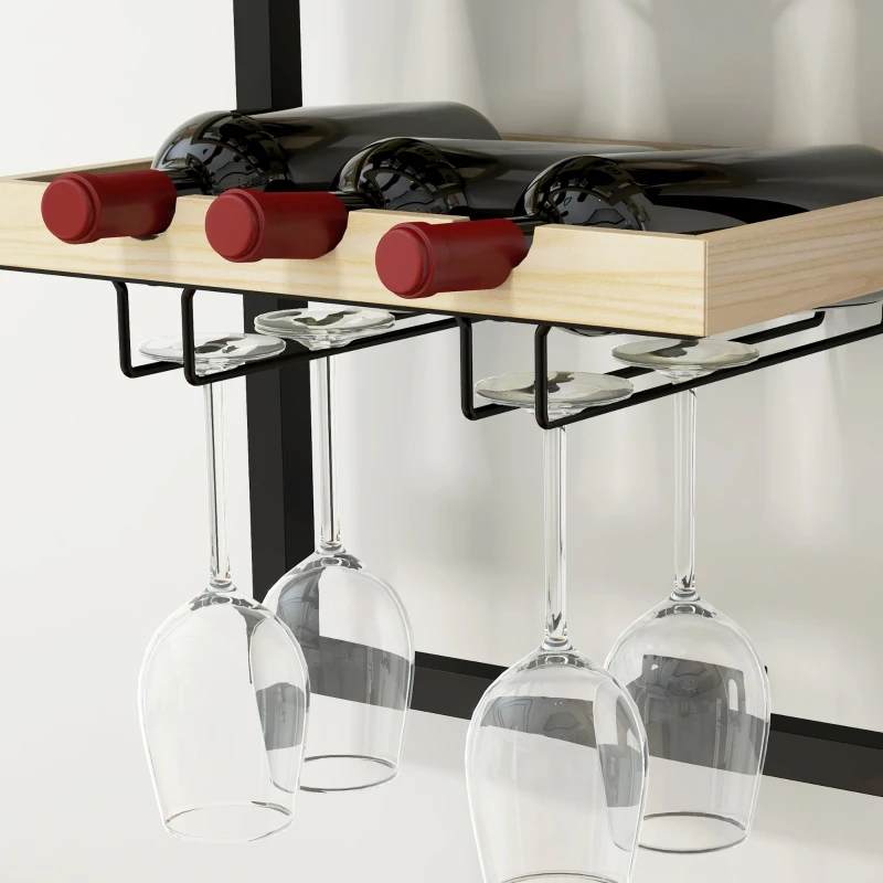 HOMCOM Portabotellas de Pared en Madera y Acero para 15 Botellas de Vino y 4 Copas, 35x25x86cm