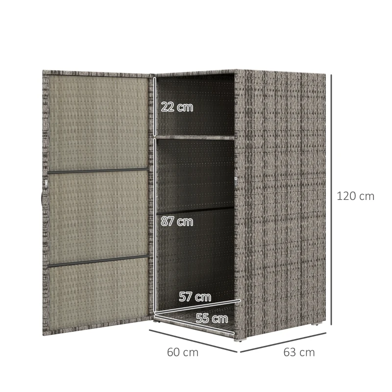 Outsunny Armario de Jardín en Rattan PE con 2 Compartimentos, 60x63x120cm, Gris