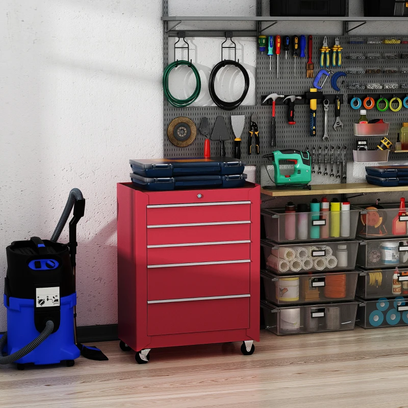 HOMCOM Carrello Porta Attrezzi 5 Cassetti con Chiave e Ruote Rosso