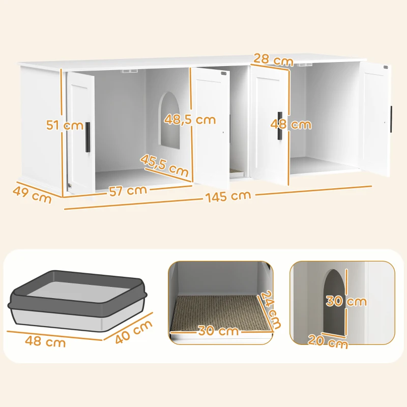 PawHut Armario para caja de arena Casa para gatos con puerta separador arenero para gatos grandes 145 x 49 x 51 cm Blanco