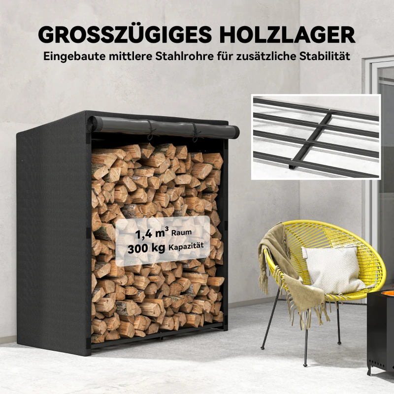 Outsunny Feuerholzregal, Brennholzständer aus Stahl, Stoffabdeckung, 300 kg Belastbarkeit, 140 x 70 x 154 cm, Schwarz