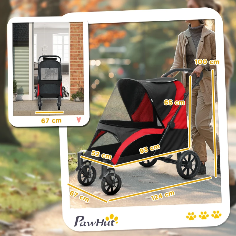 PawHut Foldable Pet Stroller for Large Dogs with Four Big Wheels, Shock-Absorbing Frame, Safety Leashes, Brakes, Red/Black