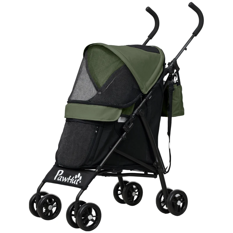 PawHut Foldable Dog Stroller, Lightweight Dog Pram w/ Shoulder Strap, Storage Bag, Cup Holder, Dark Green