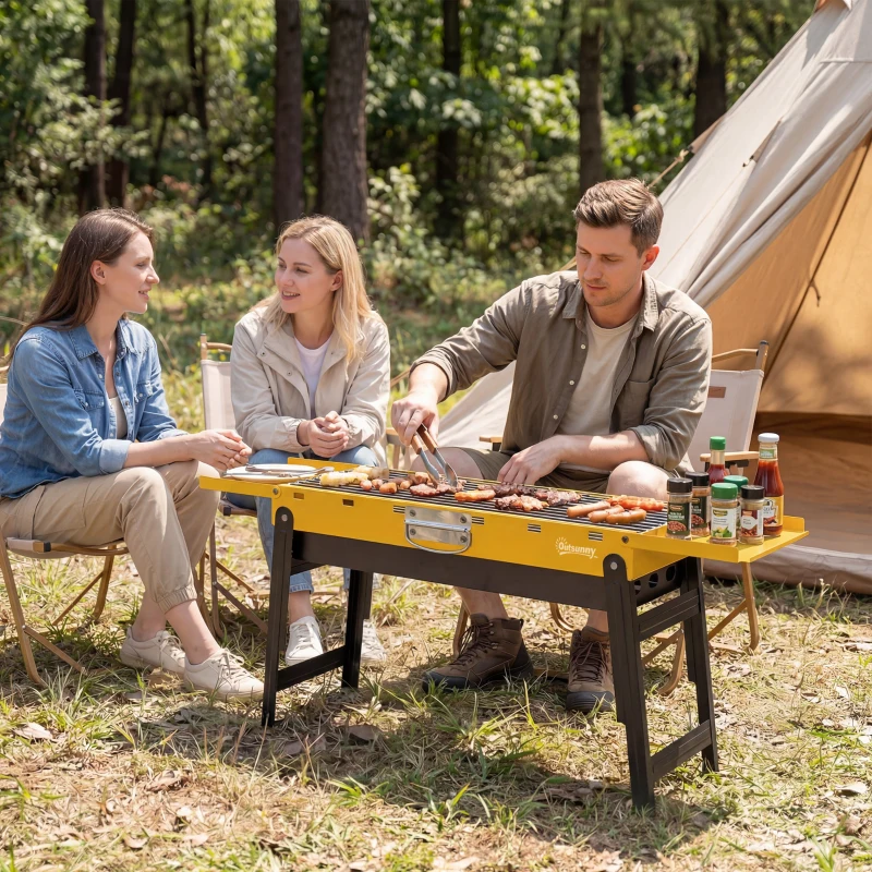 Outsunny Portable BBQ Grill, Foldable Charcoal Grill for Camping and Picnics with 2 Side Shelves and Handle, Yellow
