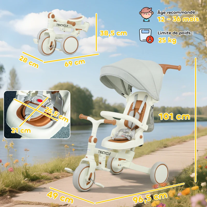AIYAPLAY Tricycle bébé évolutif 5 en 1, tricycle enfant pliable avec poignée réglable, capote amovible, pour 1-3 ans, crème
