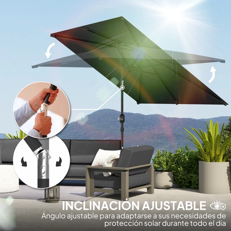 Outsunny Sombrilla de Aluminio 198x294x255 Parasol Rectangular de Jardín Inclinable con Manivela y Poste Desmontable Gris