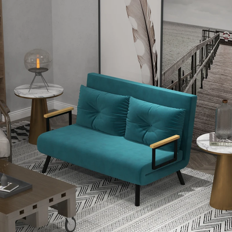 HOMCOM Sofá convertible 2 plazas con respaldo regulable en 5 posiciones y 2 cojines acolchados, revestimiento efecto terciopelo, azul