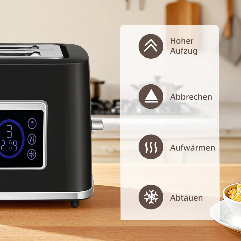 HOMCOM Wasserkocher und Toaster-Set mit LED-Touchscreen, 1,7 L, 2 Toasterschlitze, verschiedene Modi und Funktionen, Schwarz