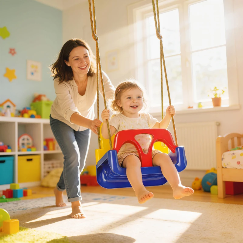 Outsunny Babyschaukel 3 in 1 verstellbar Kinderschaukel mit Rückenlehne, Anschnallgurt, für Kinder von 9-36 Monaten, Dunkelblau