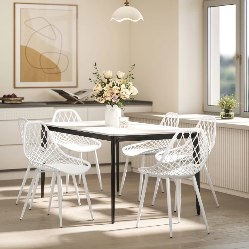 HOMCOM Set 4 Sillas de Comedor Modernas con Respaldo Calado en Plástico y Patas de Metal, Blanco