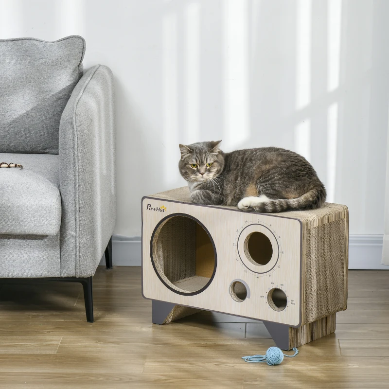 PawHut Griffoir pour chat en forme de radio avec herbe à chat, maison 2 en 1 carton ondulé pour chat chaton 57 x 24,5 x 39 cm