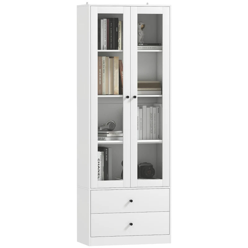HOMCOM Aparador de Cocina con Armario y 2 Cajones, Puertas de Vidrio y Estantes Regulables, 59x30x164 cm, Blanco