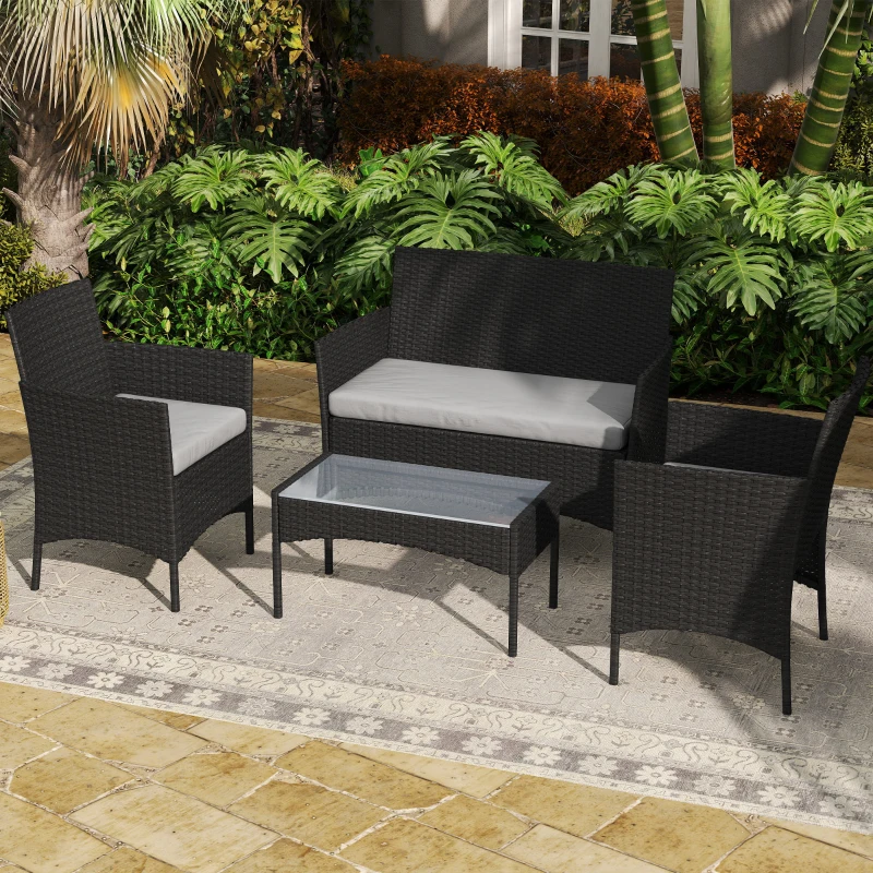 Outsunny 4 Piece Rattan Garden Furniture Sofa Set with Loveseat, Armchairs, Glass-Top Coffee Table and Cushions, Black