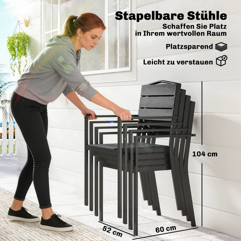 Outsunny Gartenstühle 4er Set Stapelbare Terrassenstühle mit Lamelldesign Armlehnen 52 x 51 x 90 cm Schwarz