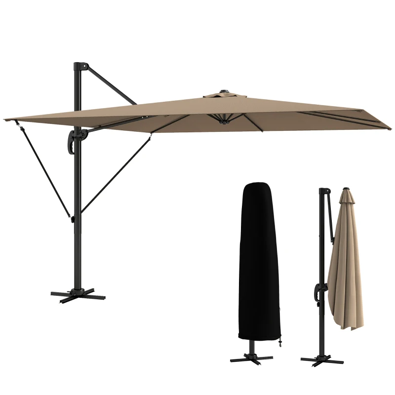 Outsunny Parasol déporté 2,9x2,9 m en aluminium avec manivelle inclinaison réglable rotation 360° base croisée et housse kaki