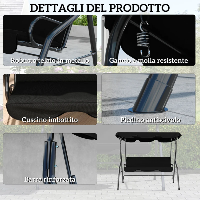 Outsunny Dondolo 3 Posti con Tettuccio Regolabile e Cuscini, in Acciaio e Poliestere, 170x110x153 cm, Nero