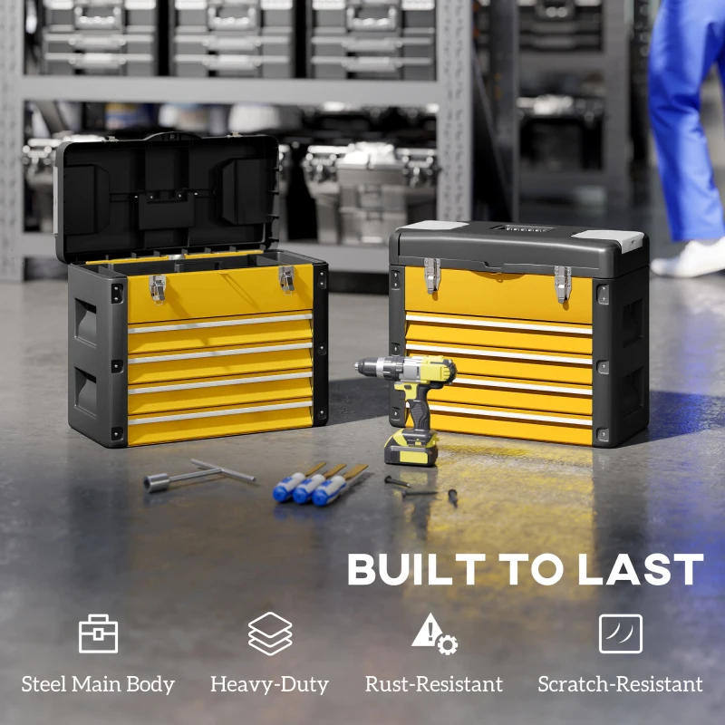 HOMCOM 4 Drawers Large Toolbox - Yellow