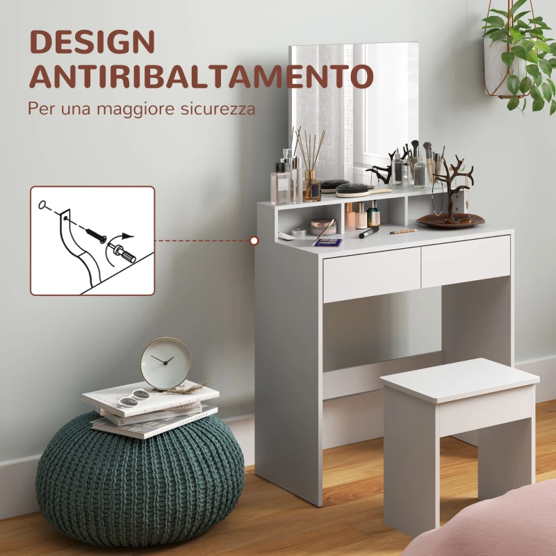 HOMCOM Mesa de maquillaje con espejo, 3 estantes, 2 cajones y taburete, de madera, 75x38x135 cm, Blanco