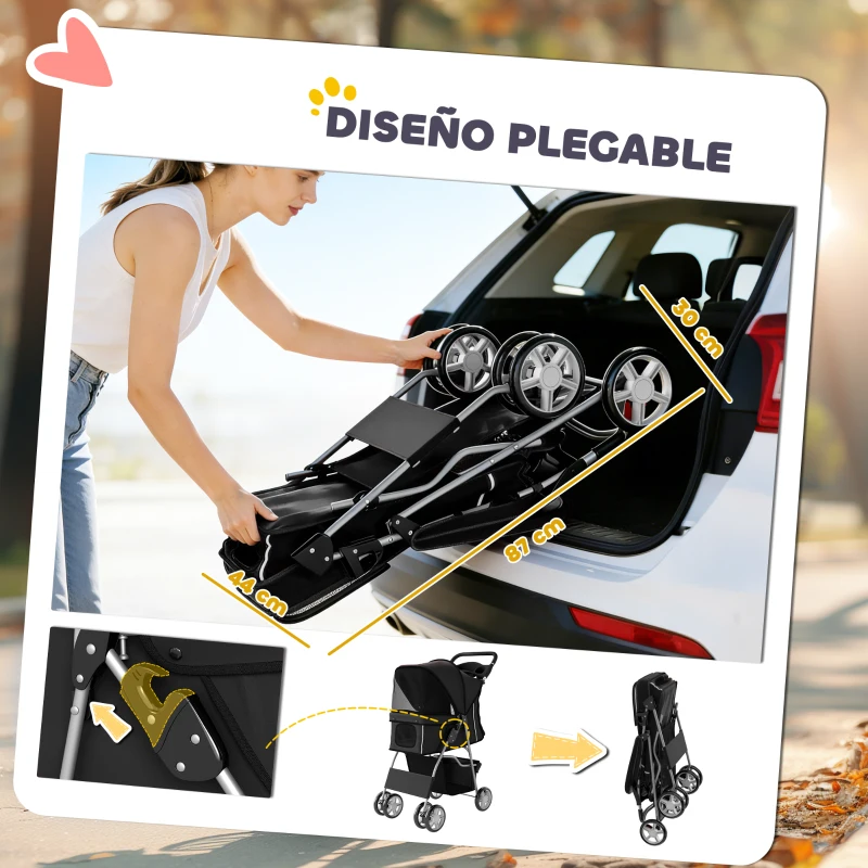 PawHut Carrito para Perros Pequeños con Cesta de Almacenaje Portavasos Ruedas y Cojín Lavable 77x44x102 cm Negro