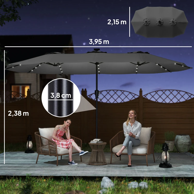 Outsunny Parasol Double de Jardin 4x2 m avec 36 LED UPF50+ Manivelle 12 Baleines Résistant à l'Eau Gris foncé