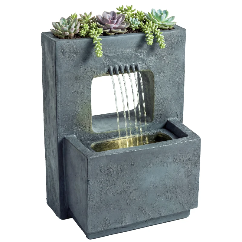 Outsunny Fântână arteziană în 2 trepte, fântână de grădină cu iluminare LED, ghiveci pentru plante, pompă, aspect piatră, reglabil 45 x 31,5 x 58,5 cm