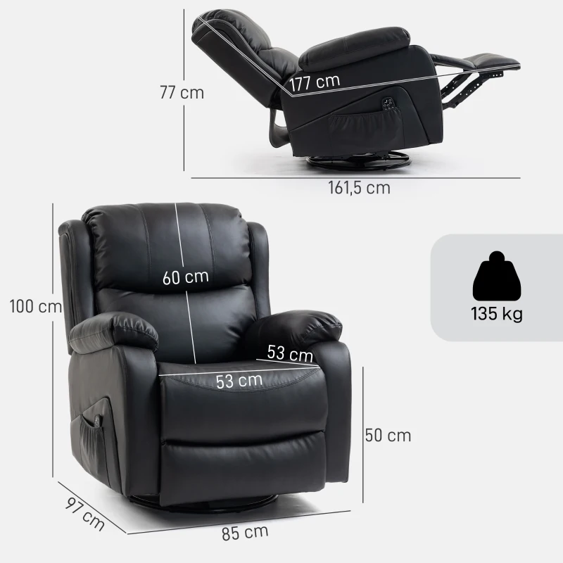 HOMCOM Massagesessel, Wärme- & Liegefunktion, Kunstleder, bis 150kg, 97x92x104cm, Schwarz