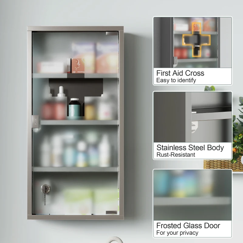 HOMCOM Medicijnkastje medicijnkastje EHBO met slot RVS 30 x 12 x 60 cm