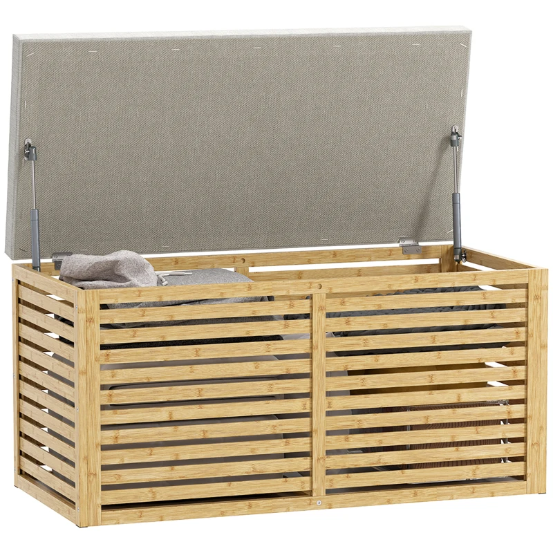 HOMCOM Banc de rangement, coffre de rangement rembourré en tissu aspect lin, couvercle et structure en bambou, gris et naturel