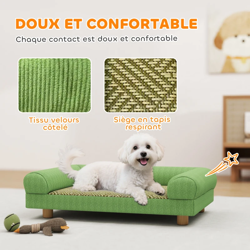 PawHut Canapé pour chien chat lit pour chien surélevé, assise de tapis frais, accoudoirs, en velours doux 63 x 41 x 17 cm, vert