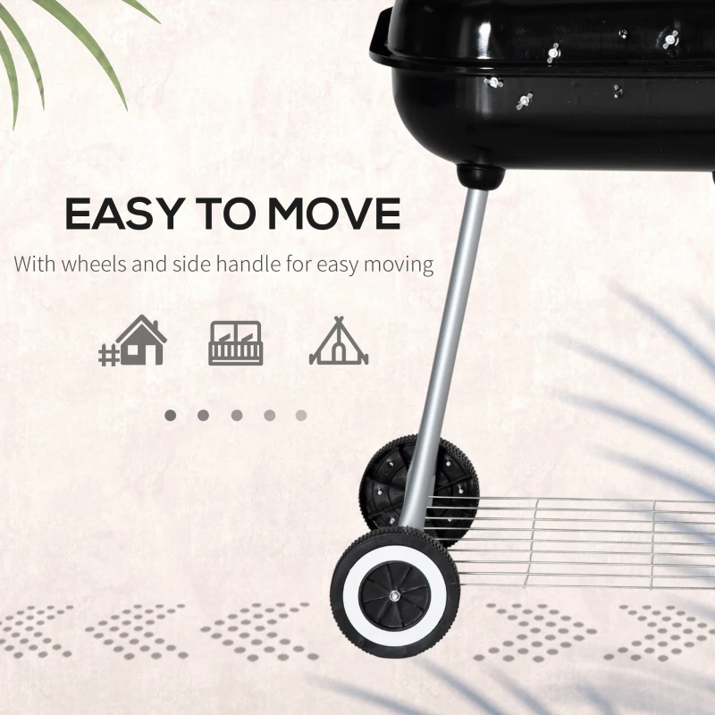 Outsunny Portable BBQ Charcoal Grill with 2 Wheels and Cooking Utensils, Smoker Grill with Lid for Outdoor Barbecues, Camping, Picnic, Courtyard